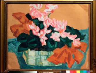 Flores, Natureza Morta - Trabalho de Sergei Yurievich Sudeykin (Serge Sudeikin) (1882-1946), óleo sobre cartão - arte russa, modernismo, art nouveau, século XX - Museu de Arte do Estado Unidos, Kostroma (Rússia)