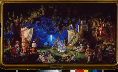 O resto dos actores. (Uma trupe de teatro itinerante, cujos membros dançam, tocam música ou relaxam numa clareira da floresta à luz da lua). Pintura de Sergei Yurievich Sudeykin (Sergei Sudeikin) (1882-1946), óleo sobre tela