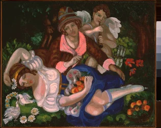 Cena alegórica. (Um casal de namorados, cercado por um casal de pombas e Cupido tocando música). Pintura de Sergei Yurievich Sudeykin (Serge Soudeikine) (1882-1946), óleo sobre tela, cerca de 1910. Arte russa, século XX, art nouveau, modernismo.