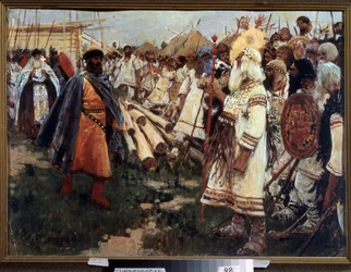 ""Cristianismo e Paganismo"" Cristianização da Ucrânia - Alegoria das duas religiões face a face - Pintura de Sergei Ivanov (1864-1910) 1909 Museu Regional de Arte, Simferopol