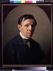 Retrato do artista Sergey (Sergei, Serguei) Konstantinovich Zaryanko (Zarianko) (1818-1870) (Retrato do artista Sergey K. Zaryanko) Pintura de Alexei Mikhailovich Kolesov (1834-1902), óleo sobre tela. Arte russa, retrato do século XIX. Estado Tretyakov