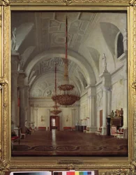 Vista do Salão Branco do Palácio de Inverno em São Petersburgo. Pintura de Sergey (Sergei, Sergei) Konstantinovich Zaryanko (Zarianko) (1818-1870), óleo sobre tela. arte russa