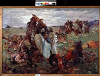 Bataille entre russes et tatars (Tartares) (A batalha entre russos e tatares). Peinture de Serguei Nikolayevich Arkhipov (1881-apres 1936). Huile sur toile