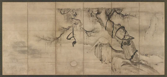 Macacos e árvores na margem do rio, período Momoyama, meados do final do século XVI.