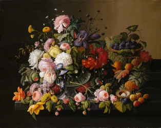 Natureza-morta: flores e fruta