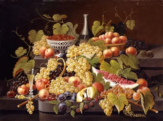 Ainda vida com frutas e champanhe,