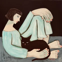 Mulher pensativa, gato preto
