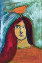 Mulher com um pássaro laranja