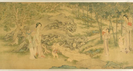 Mulheres e Crianças num Jardim (tinta e cor sobre seda)