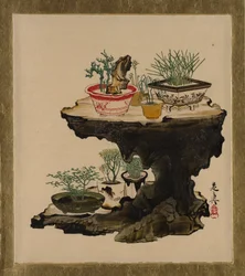 Pinturas em laca de vários assuntos: Bonsai, 1882.