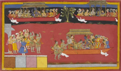Bharata e Shatrughna chegam a Nandigrama, cumprimentam Rama e a carruagem de Pushpaka parte