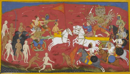 As carruagens de Rama e Ravana atacam, com os cavalos de Ravana a transformarem-se em leões