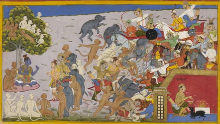 Rama envia o exército de Lakshmana e Bibhishana contra Indrajit, que se sacrifica para ganhar invisibilidade
