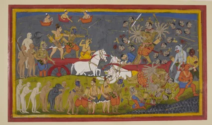 Rāma mata Rāvaṇa com a arma de Brahmā; os celestiais regozijam-se e Vibhīṣaṇa presta homenagem