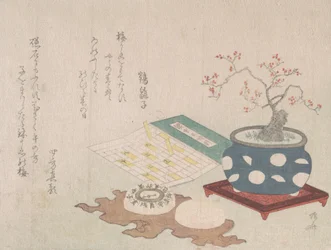 Bonsai ameixa, bússola e relógio de sol de bolso com design de calendário, de Spring Rain Surimon..., 1806.