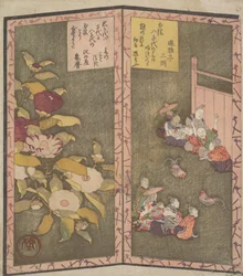 Flores de camélia à esquerda, pessoas a assistir a uma luta de galos à direita, c. 1820.