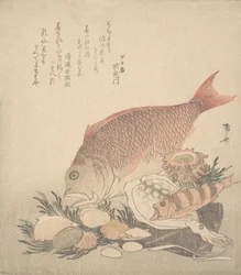 Peixes grandes e pequenos nadando entre conchas e musgos no fundo do mar, ca. 1830., c. 1830.