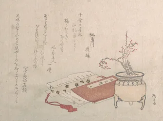 Ameixeira em vaso em flor e livros, século XIX., século XIX.