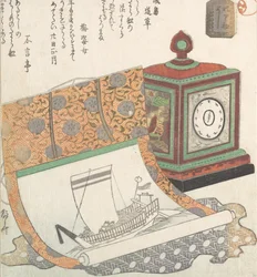 Relógio de Mesa e Kakemono de um Barco do Tesouro, século XIX., século XIX.