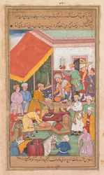 Timur distribui presentes do seu neto, o Príncipe de Multan, de um Zafar-nama..., 1598-1600.