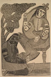 Krishna acariciando os pés de Radha