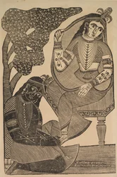 Krishna acariciando os pés de Radhas, de 1800.