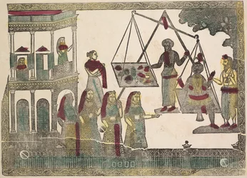 Krishna ponderado contra objetos preciosos (?) (verso)