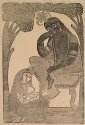 Radha acariciando os pés de Krishna