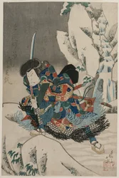 Nakamura Utaemon IV como um guerreiro em pé na neve