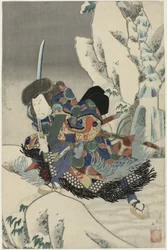 Ator em uma paisagem de neve, com uma espada