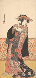 Nakamura Riko como cortesã ricamente vestida em pé em uma sala, ca. 1778.
