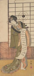 O Segundo Yamashito Kinsaku como uma cortesã em uma sala, ca. 1779.