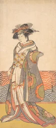 O terceiro Segawa Kikunojo como uma mulher em pé em uma sala com um padrão de onda Dado, ca. 1779.