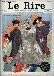 Caso Dreyfus - M. Reinach e os eleitores - Capa da revista satírica "Le Lire" representando Joseph Reinach (1856-1921) Autor e político francês que defendeu Alfred Dreyfus (1859-1935) no caso Dreyfus - ilustração de cartoon de Gyp (Sibyl