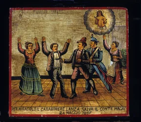 Ex-voto (ex voto) siciliano: "Por milagre, Carabinier Lanza salva o Conde Magri em 24/05/1867". Representação de um ladrão (Brigantaggio): um ladrão ataca a sua pistola no casal Magri enquanto o mosquetão o surpreende por trás. .