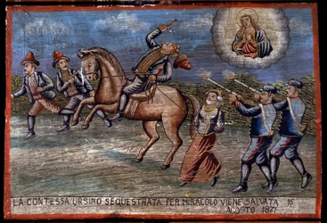 Ex-voto (ex voto) siciliano: "A Condessa Ursino raptada acaba de ser salva por milagre em 16/08/1871". Representação de um bandido (Brigantaggio): Os três ladrões estão a raptar a Condessa enquanto os Carabinieri disparam contra eles. .