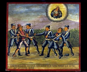Ex-voto (ex voto) siciliano: "O mosquetão Maná por milagre não perde a sua vida em 27/08/1872". Representação de um brigandage (Brigantaggio): Um ladrão disparou contra o Maná Carabineiro enquanto os outros Carabinieri o detinham...