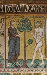 A Capela Palatina (Basílica), ciclo de mosaicos no Antigo Testamento, ciclo da Criação: "Deus introduziu Adão no Éden", século XII