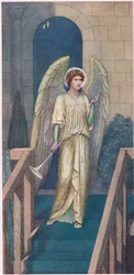 O arauto do mistério!... e lá, sobre um palco, um arauto com trombeta, vestido como o anjo Gabriel