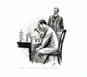«Holmes trabalhava arduamente numa investigação química», ilustração para «O Tratado Naval», de Arthur Conan Doyle (1859-1930), publicada na «Strand Magazine», outubro e novembro de 1893
