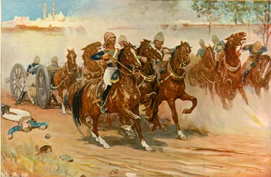 Tenente Roberts economizando sua bateria sob os muros de Delhi, 1901.