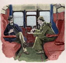 Silver Blaze: A ilustração de Sydney Paget de uma aventura de Sherlock Holmes. O famoso detetive é representado com o Dr. Watson em um trem. Publicado na "The Strand Magazine". Notícias de Conan Doyle. 1892.