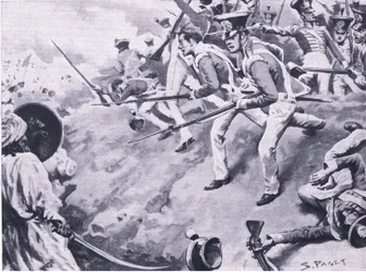 A Batalha de Dubba, 24 de março de 1843, ilustração das Batalhas Britânicas na Terra e no Mar, 1915