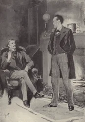 Depois ficou junto ao fogo: cena do mistério Sherlock Holmes Um escândalo na Boémia, de Arthur Conan Doyle (litho)