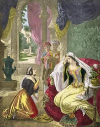 A empregada doméstica em cativeiro que esperou na esposa de Naamã, de uma Bíblia impressa por Edward Gover, 1870