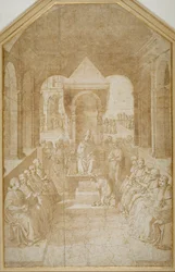 Aeneas Piccolomini beijando o chinelo do Papa Eugênio, depois de Pinturicchio (caneta e tinta marrom com lavagem em papel)