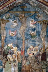 Crucificação de Cristo "INRI" na cruz. Detalhe de um afresco da escola de Siena