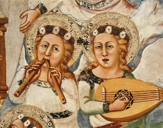 A vida da Virgem: "A Dormição e a Assunção da Virgem" Detalhe representando os anjos músicos tocando flauta com dois bicos e o alaúde - Fresco da Escola de Siena (século XIV) Mosteiro de São Benedetto (Sacro Speco), Capela do t