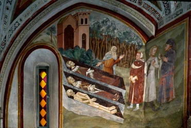 Encontro dos mortos com os vivos Detalhe de um afresco da escola de Siena. Século XIV. Mosteiro de Saint Benoit (Sacro Speco), Escadaria, Subiaco (Roma), Itália