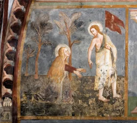 Noli me tangere (Não me toque). Fresco da escola de Siena. Século XIV. Igreja Superior. Mosteiro de São Benedetto (Sacro Speco), Subiaco (Roma), Itália.
